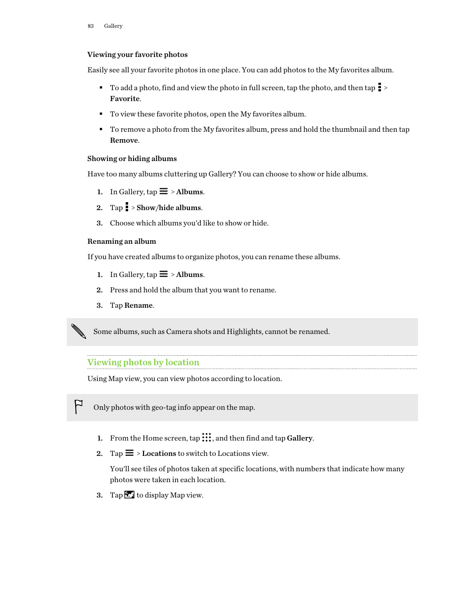 Viewing your favorite photos, Showing or hiding albums, Renaming an album | Viewing photos by location | HTC One M9 User Manual | Page 83 / 197