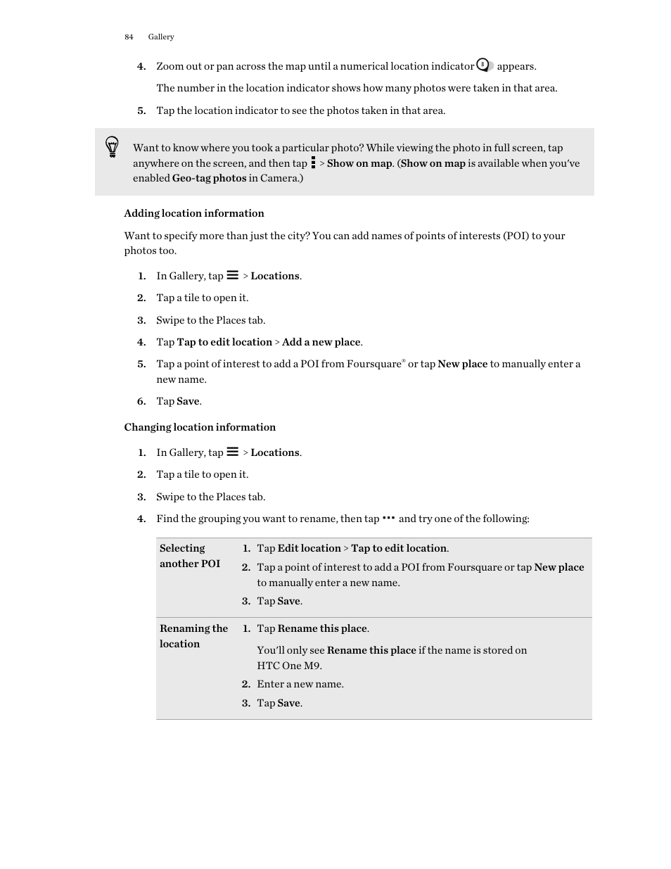 Adding location information, Changing location information | HTC One M9 User Manual | Page 84 / 197