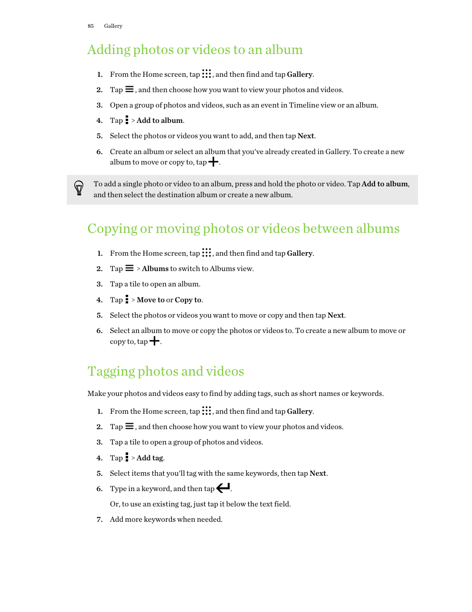 Adding photos or videos to an album, Copying or moving photos or videos between albums, Tagging photos and videos | HTC One M9 User Manual | Page 85 / 197