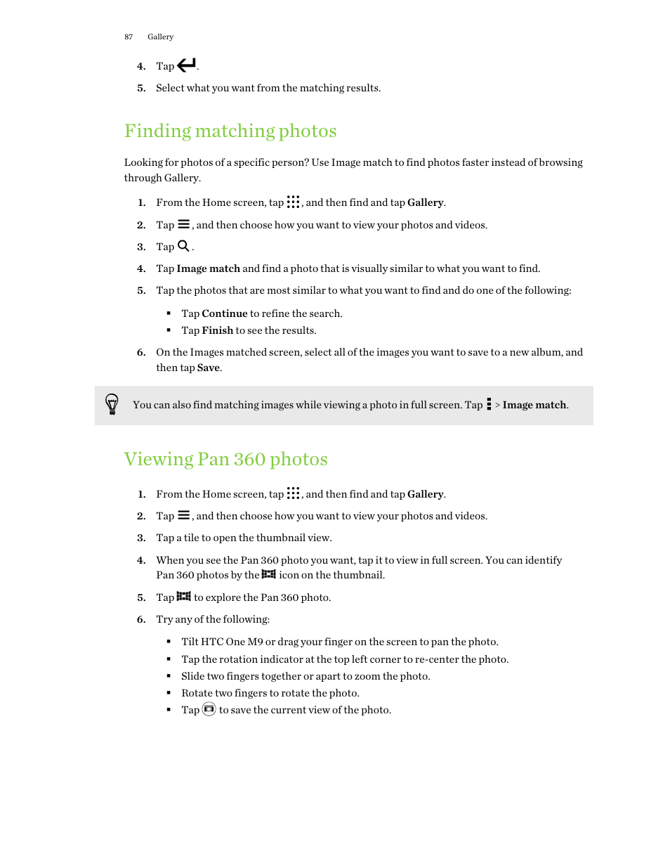 Finding matching photos, Viewing pan 360 photos | HTC One M9 User Manual | Page 87 / 197