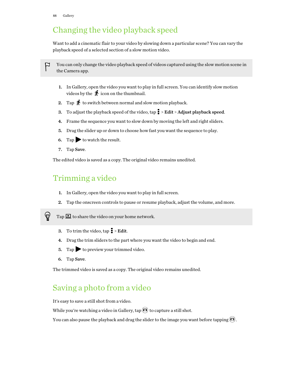 Changing the video playback speed, Trimming a video, Saving a photo from a video | HTC One M9 User Manual | Page 88 / 197