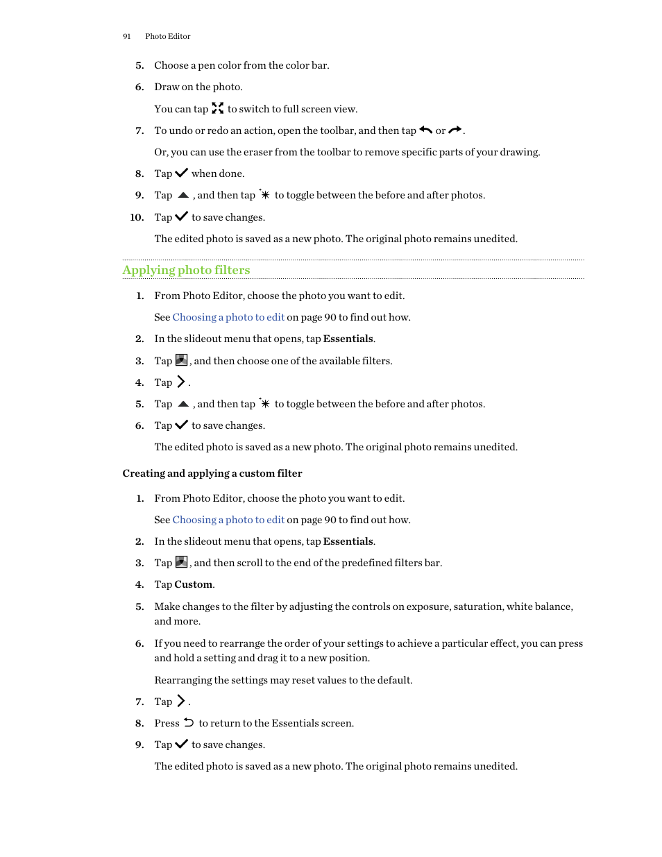 Applying photo filters, Creating and applying a custom filter | HTC One M9 User Manual | Page 91 / 197