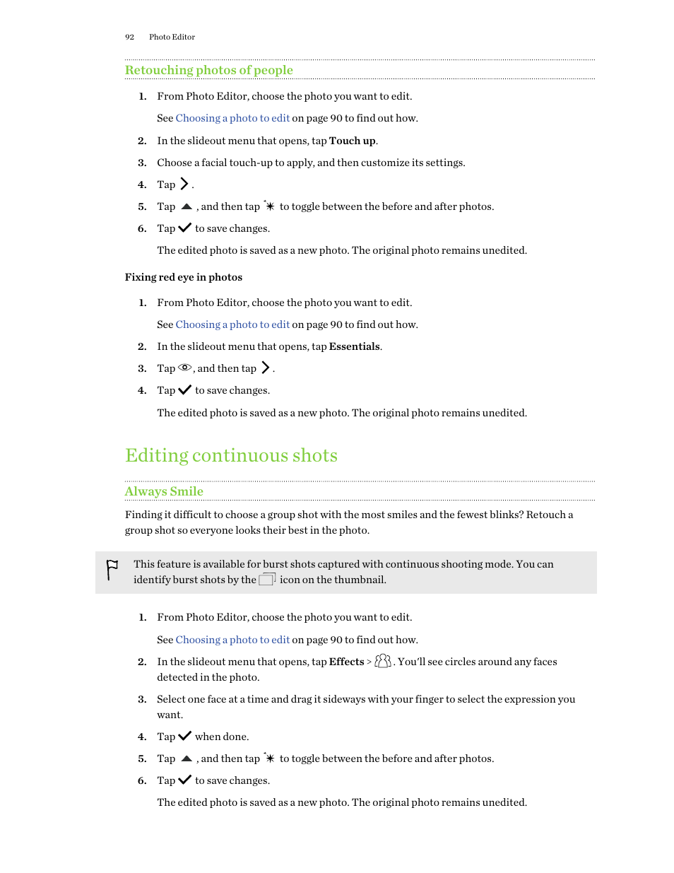 Retouching photos of people, Fixing red eye in photos, Editing continuous shots | Always smile | HTC One M9 User Manual | Page 92 / 197