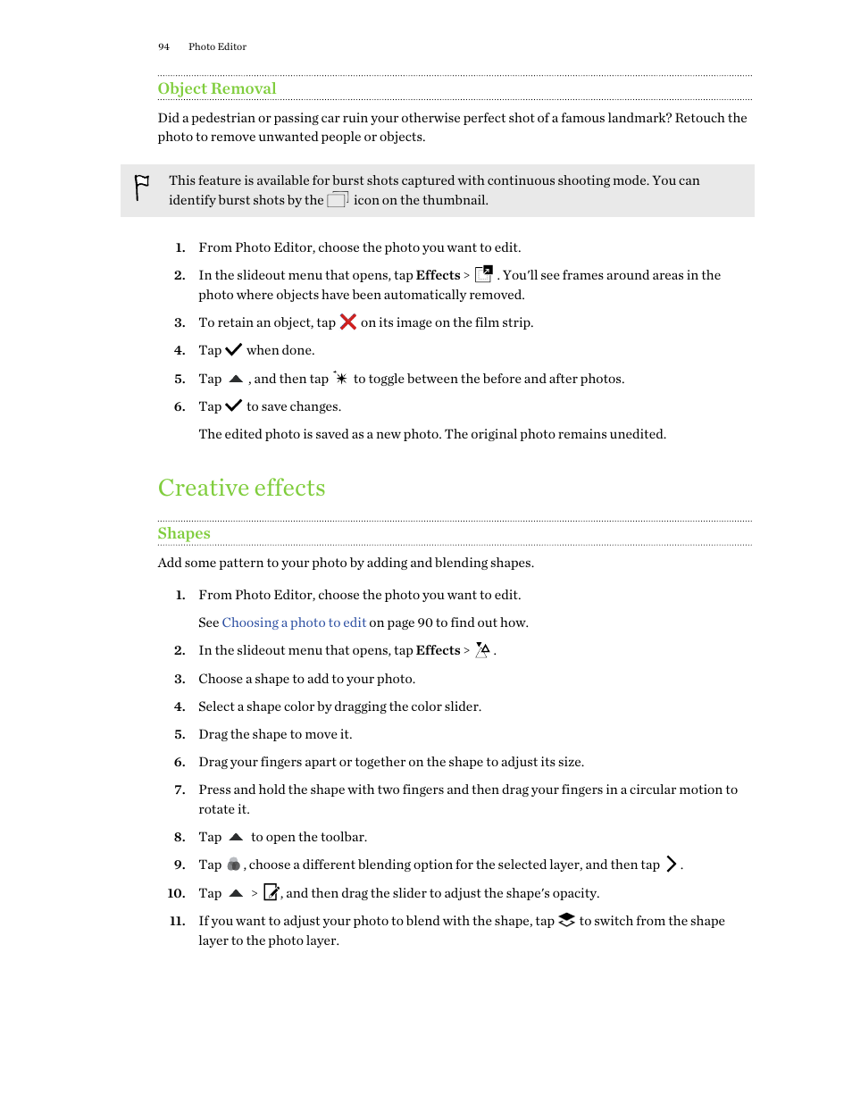 Object removal, Creative effects, Shapes | HTC One M9 User Manual | Page 94 / 197