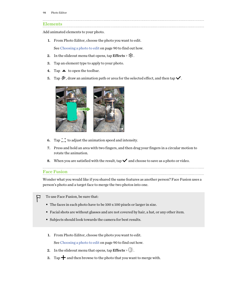 Elements, Face fusion, Together. see | HTC One M9 User Manual | Page 98 / 197