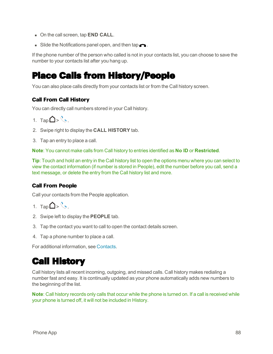 Place calls from history/people, Call history | HTC One M9 User Manual | Page 101 / 304