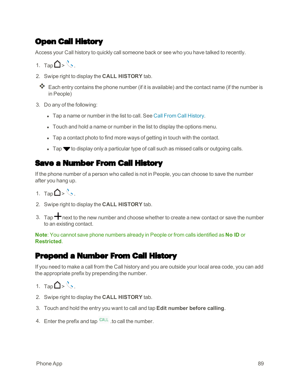 Open call history, Save a number from call history, Prepend a number from call history | HTC One M9 User Manual | Page 102 / 304