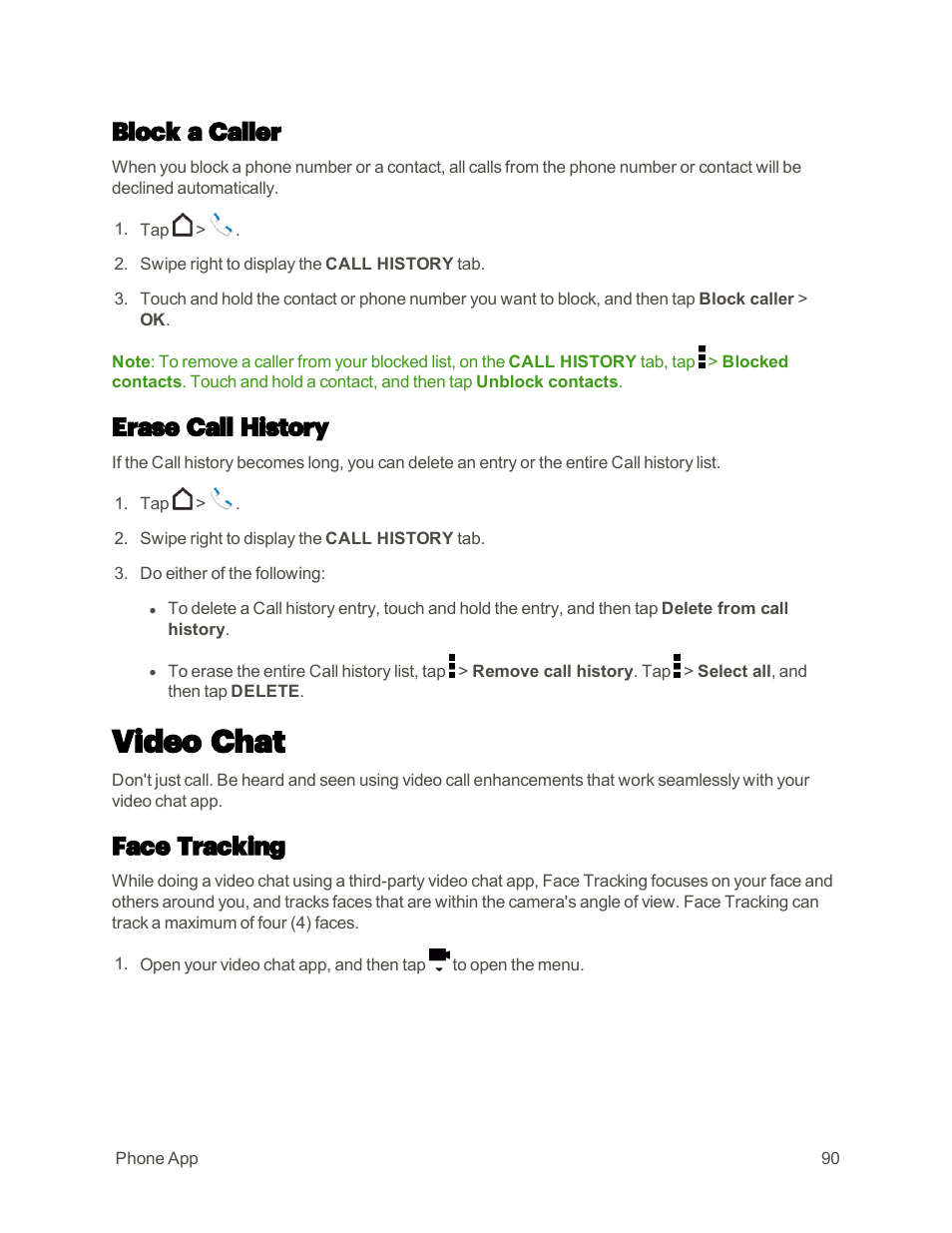 Block a caller, Erase call history, Video chat | Face tracking | HTC One M9 User Manual | Page 103 / 304