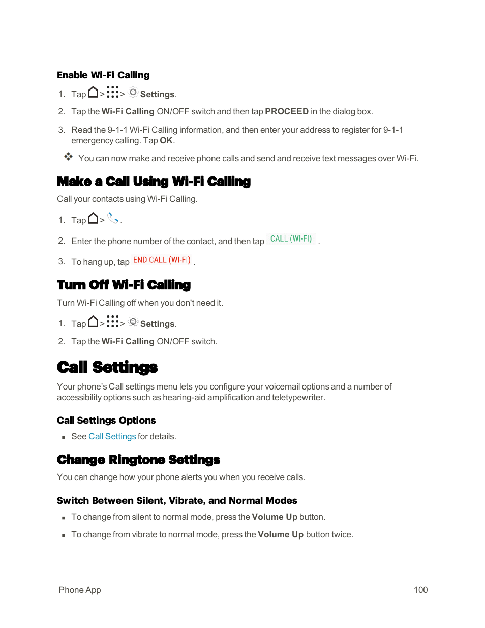 Make a call using wi-fi calling, Turn off wi-fi calling, Call settings | Change ringtone settings | HTC One M9 User Manual | Page 113 / 304