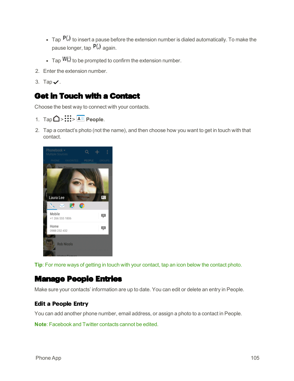 Get in touch with a contact, Manage people entries | HTC One M9 User Manual | Page 118 / 304