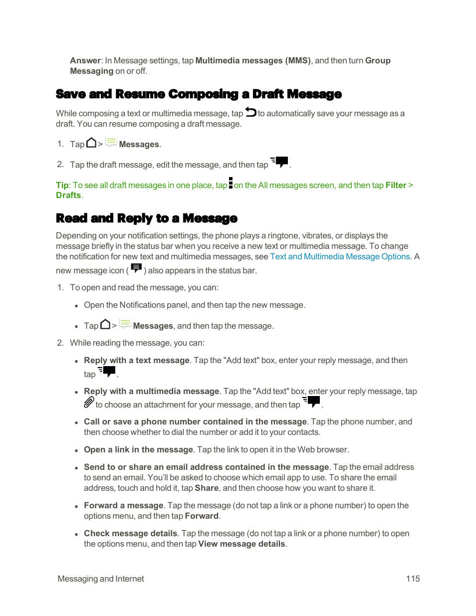 Save and resume composing a draft message, Read and reply to a message | HTC One M9 User Manual | Page 128 / 304