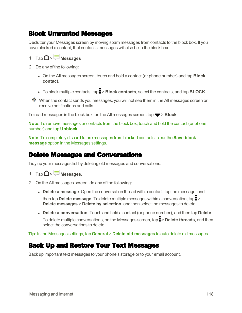 Block unwanted messages, Delete messages and conversations, Back up and restore your text messages | HTC One M9 User Manual | Page 131 / 304