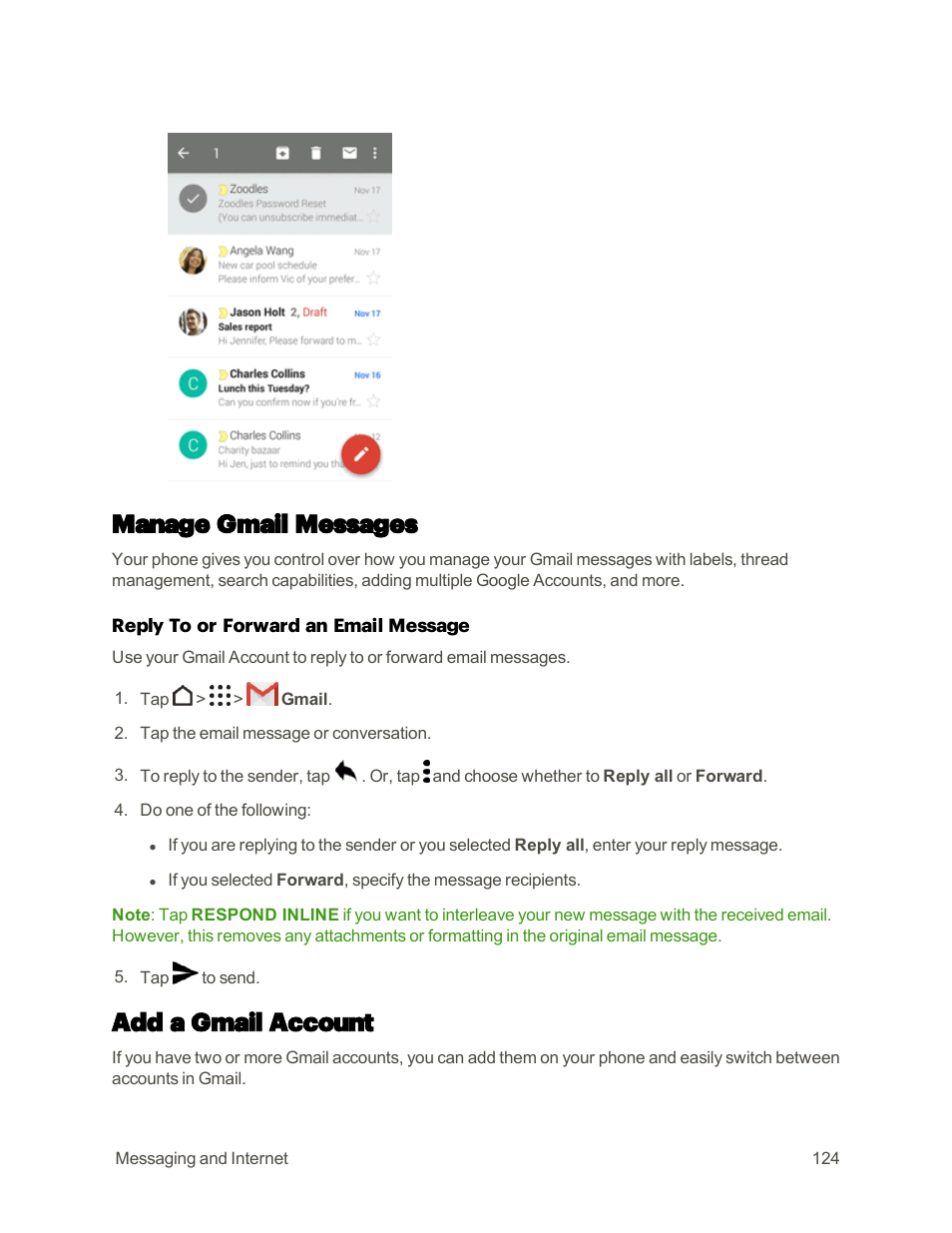 Manage gmail messages, Add a gmail account | HTC One M9 User Manual | Page 137 / 304