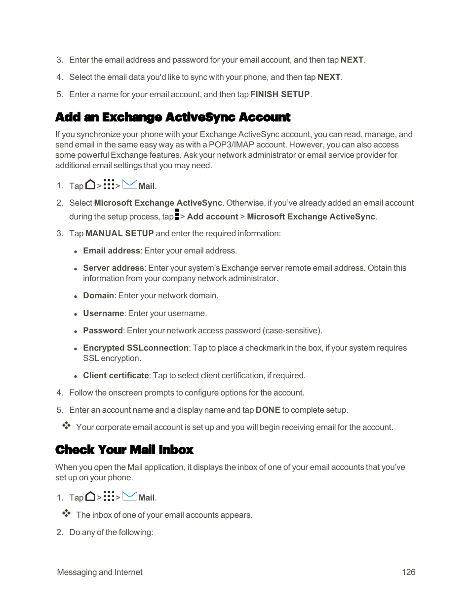 Add an exchange activesync account, Check your mail inbox | HTC One M9 User Manual | Page 139 / 304