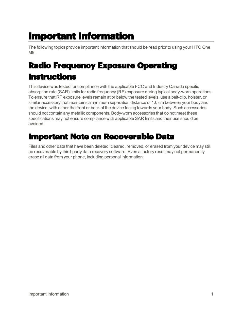 Important information, Radio frequency exposure operating instructions, Important note on recoverable data | HTC One M9 User Manual | Page 14 / 304