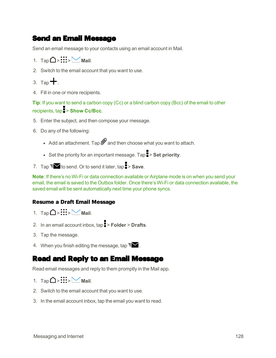 Send an email message, Read and reply to an email message | HTC One M9 User Manual | Page 141 / 304