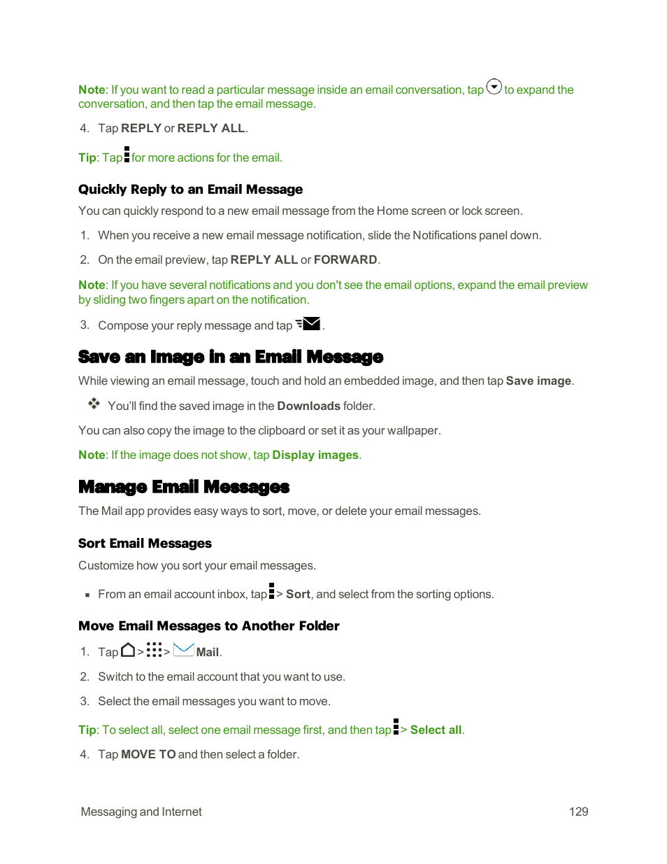 Save an image in an email message, Manage email messages | HTC One M9 User Manual | Page 142 / 304