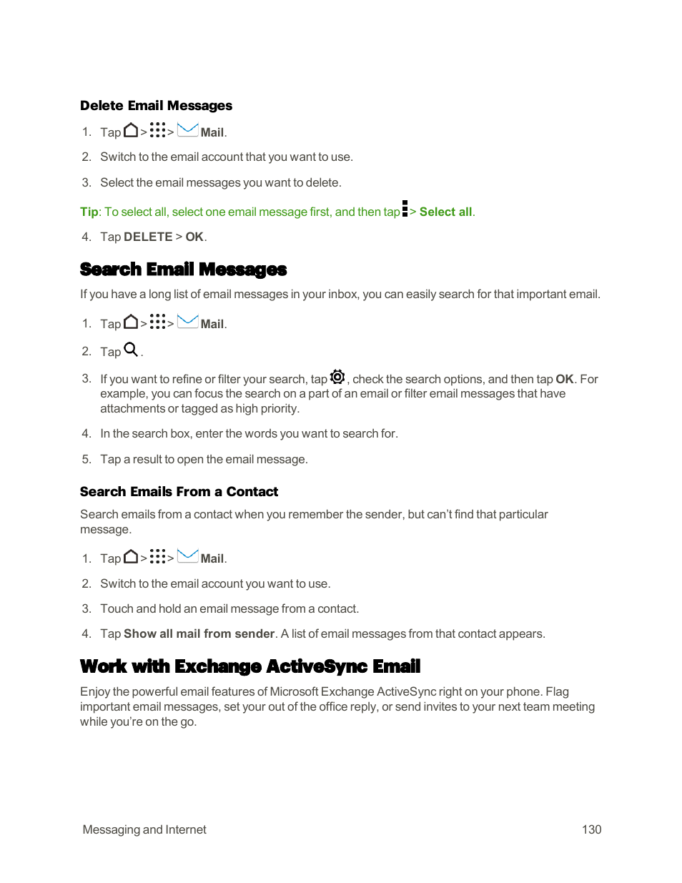 Search email messages, Work with exchange activesync email | HTC One M9 User Manual | Page 143 / 304