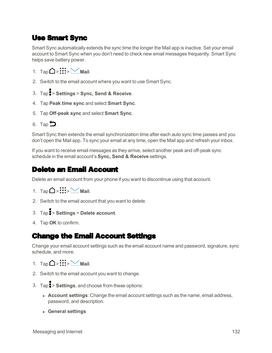 Use smart sync, Delete an email account, Change the email account settings | HTC One M9 User Manual | Page 145 / 304