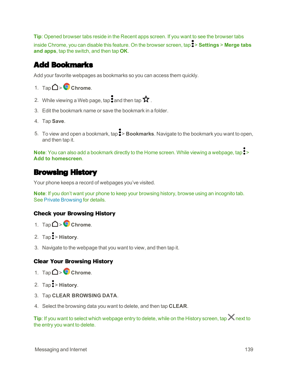 Add bookmarks, Browsing history | HTC One M9 User Manual | Page 152 / 304