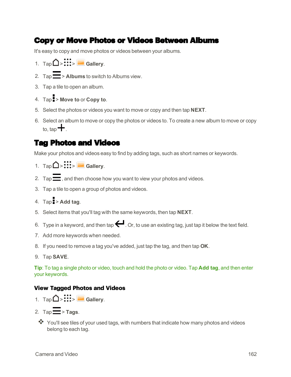 Copy or move photos or videos between albums, Tag photos and videos | HTC One M9 User Manual | Page 175 / 304