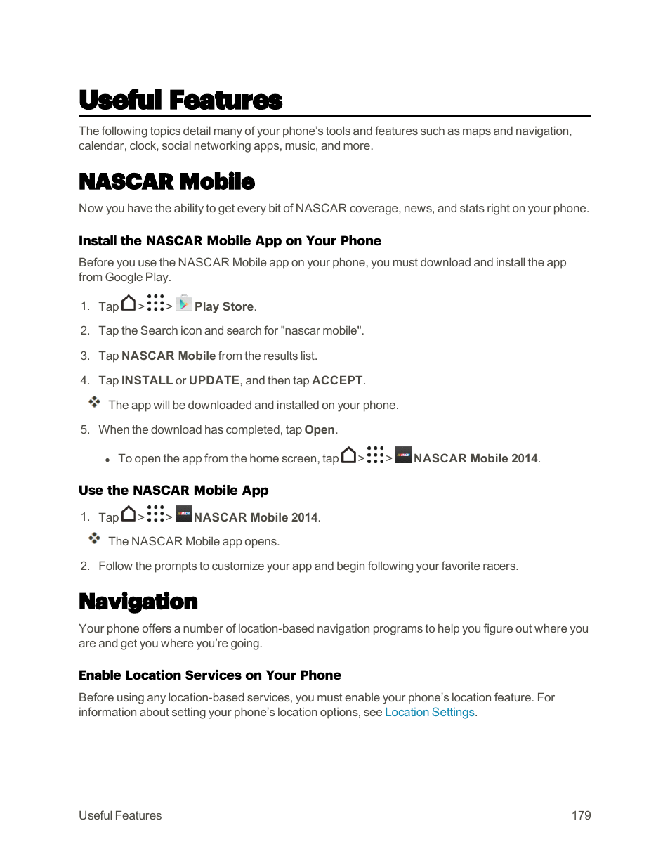 Useful features, Nascar mobile, Navigation | HTC One M9 User Manual | Page 192 / 304