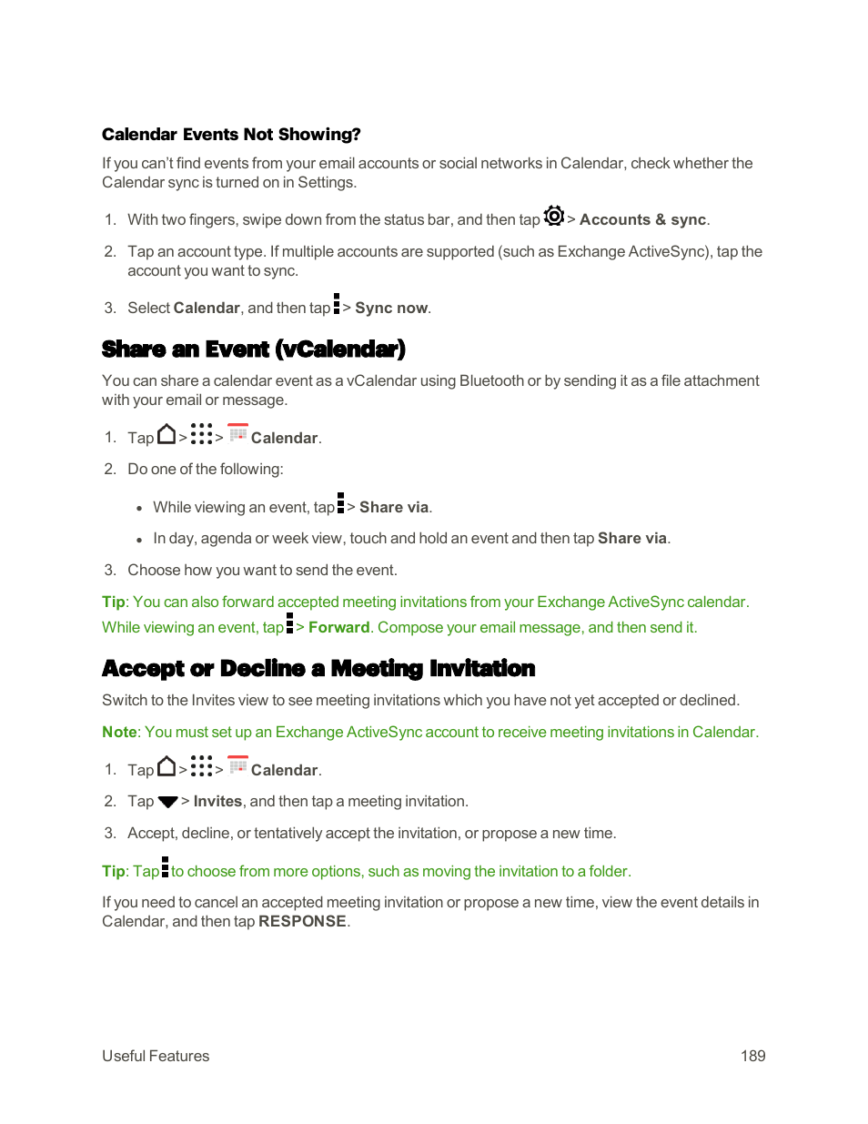 Share an event (vcalendar), Accept or decline a meeting invitation | HTC One M9 User Manual | Page 202 / 304