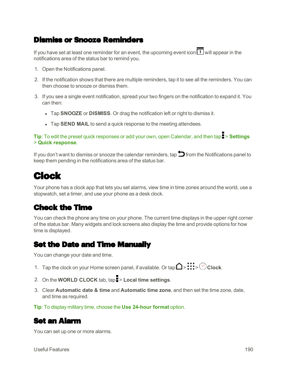 Dismiss or snooze reminders, Clock, Check the time | Set the date and time manually, Set an alarm | HTC One M9 User Manual | Page 203 / 304