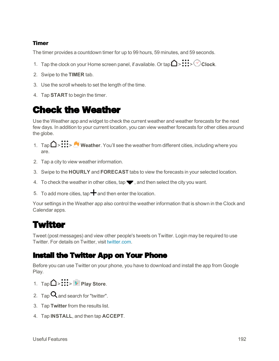 Check the weather, Twitter, Install the twitter app on your phone | HTC One M9 User Manual | Page 205 / 304