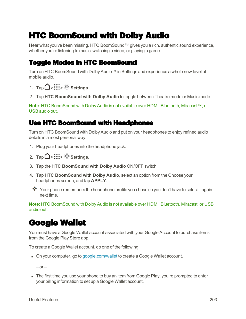 Htc boomsound with dolby audio, Toggle modes in htc boomsound, Use htc boomsound with headphones | Google wallet | HTC One M9 User Manual | Page 216 / 304