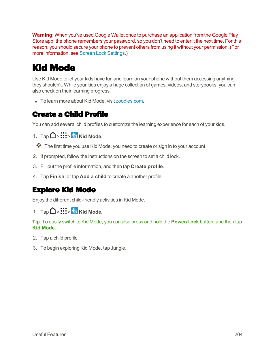 Kid mode, Create a child profile, Explore kid mode | HTC One M9 User Manual | Page 217 / 304