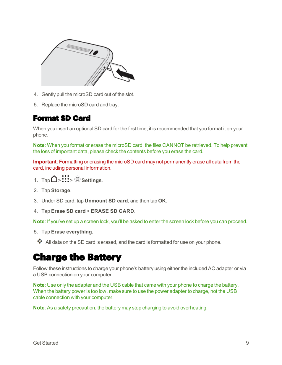 Format sd card, Charge the battery | HTC One M9 User Manual | Page 22 / 304