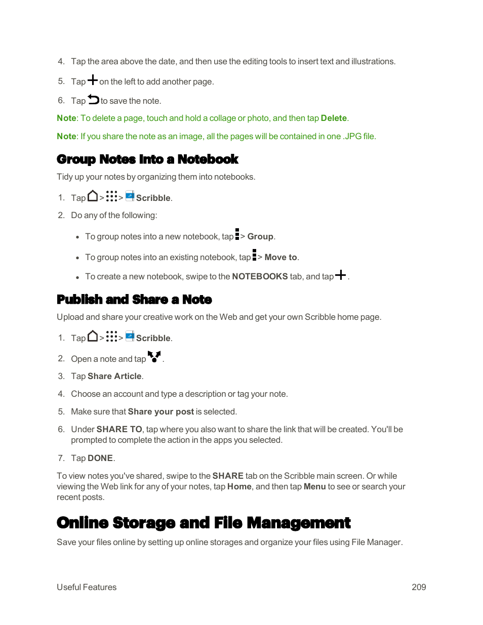 Group notes into a notebook, Publish and share a note, Online storage and file management | HTC One M9 User Manual | Page 222 / 304