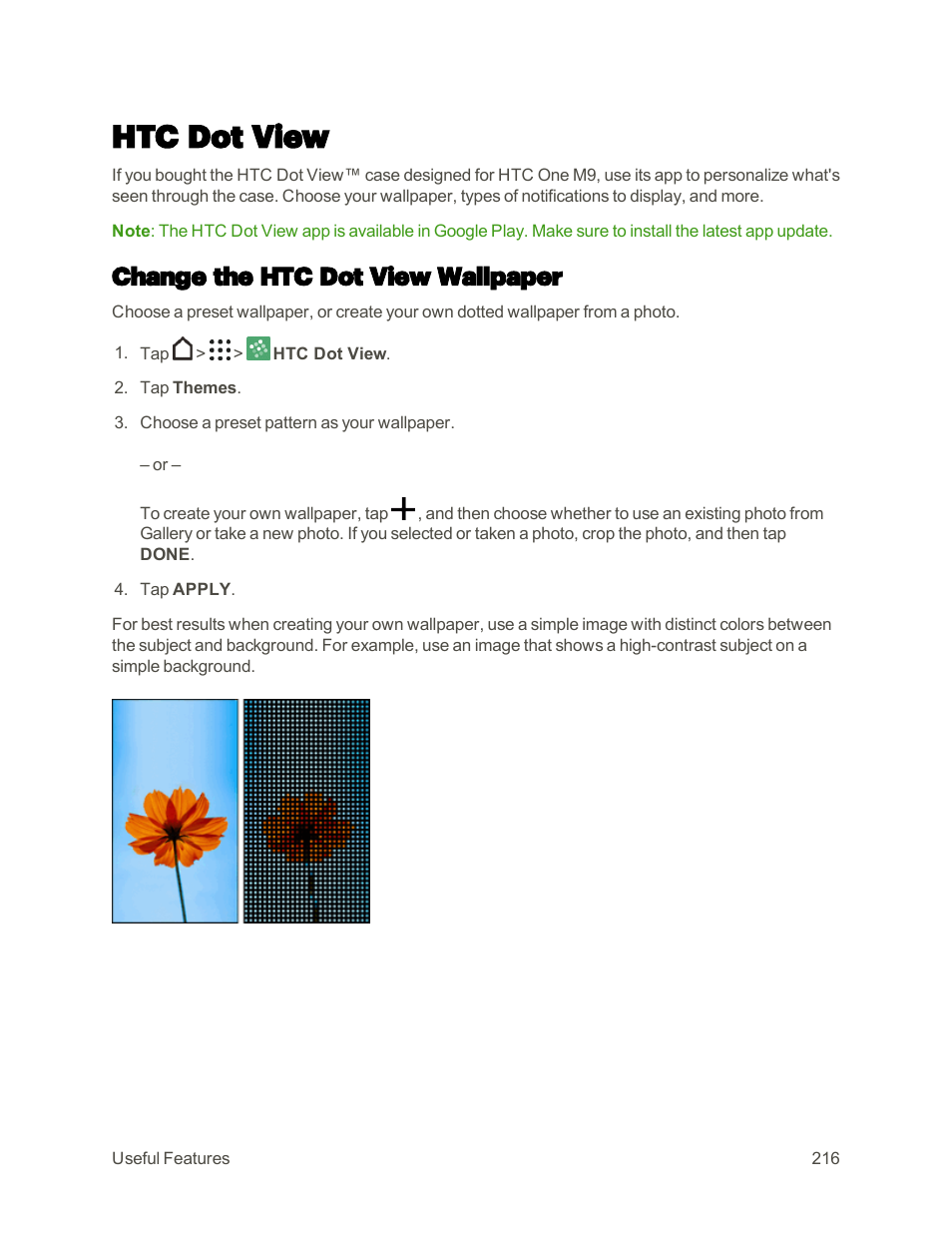 Htc dot view, Change the htc dot view wallpaper, Dot view | HTC One M9 User Manual | Page 229 / 304