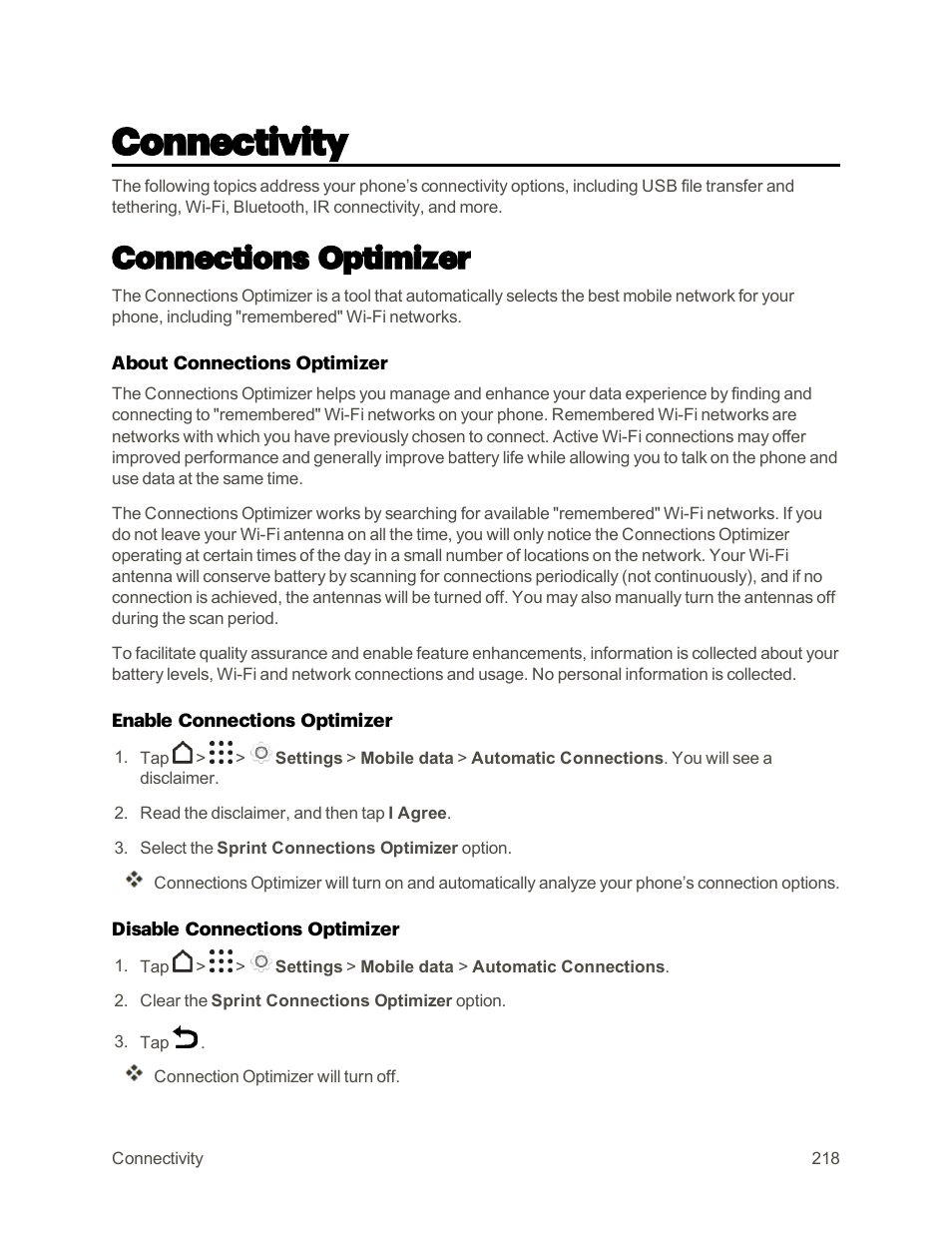Connectivity, Connections optimizer | HTC One M9 User Manual | Page 231 / 304