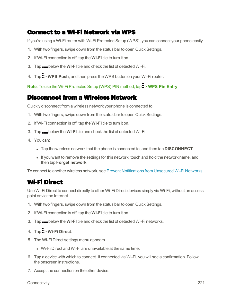 Connect to a wi-fi network via wps, Disconnect from a wireless network, Wi-fi direct | HTC One M9 User Manual | Page 234 / 304