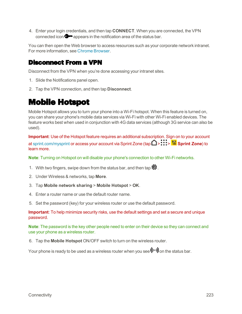 Disconnect from a vpn, Mobile hotspot | HTC One M9 User Manual | Page 236 / 304