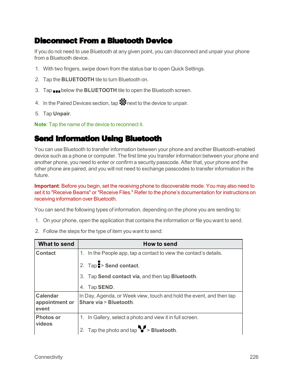 Disconnect from a bluetooth device, Send information using bluetooth, Disconnect from a | Bluetooth device, And then follow the steps in, Connect a bluetooth headset or car kit | HTC One M9 User Manual | Page 239 / 304