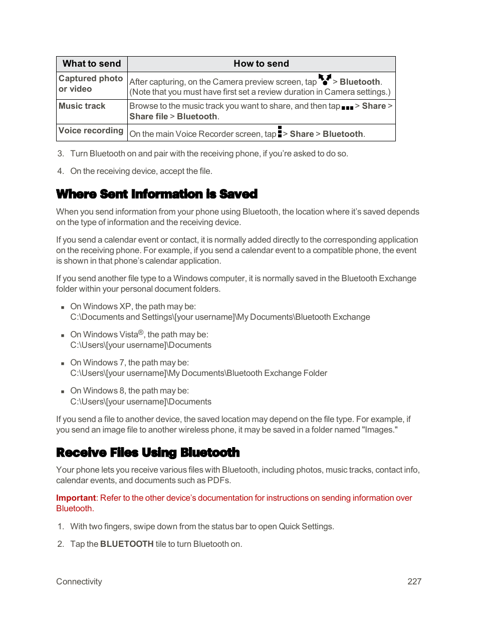 Where sent information is saved, Receive files using bluetooth | HTC One M9 User Manual | Page 240 / 304