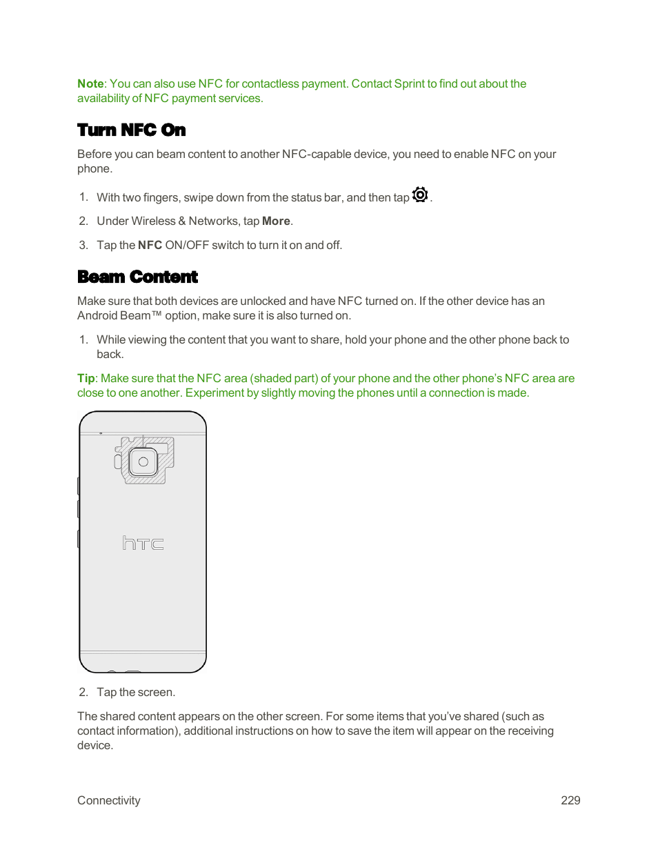 Turn nfc on, Beam content | HTC One M9 User Manual | Page 242 / 304