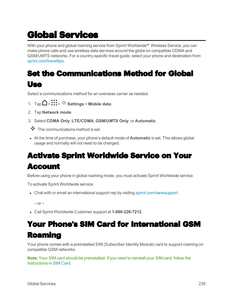 Global services, Set the communications method for global use, Activate sprint worldwide service on your account | HTC One M9 User Manual | Page 248 / 304