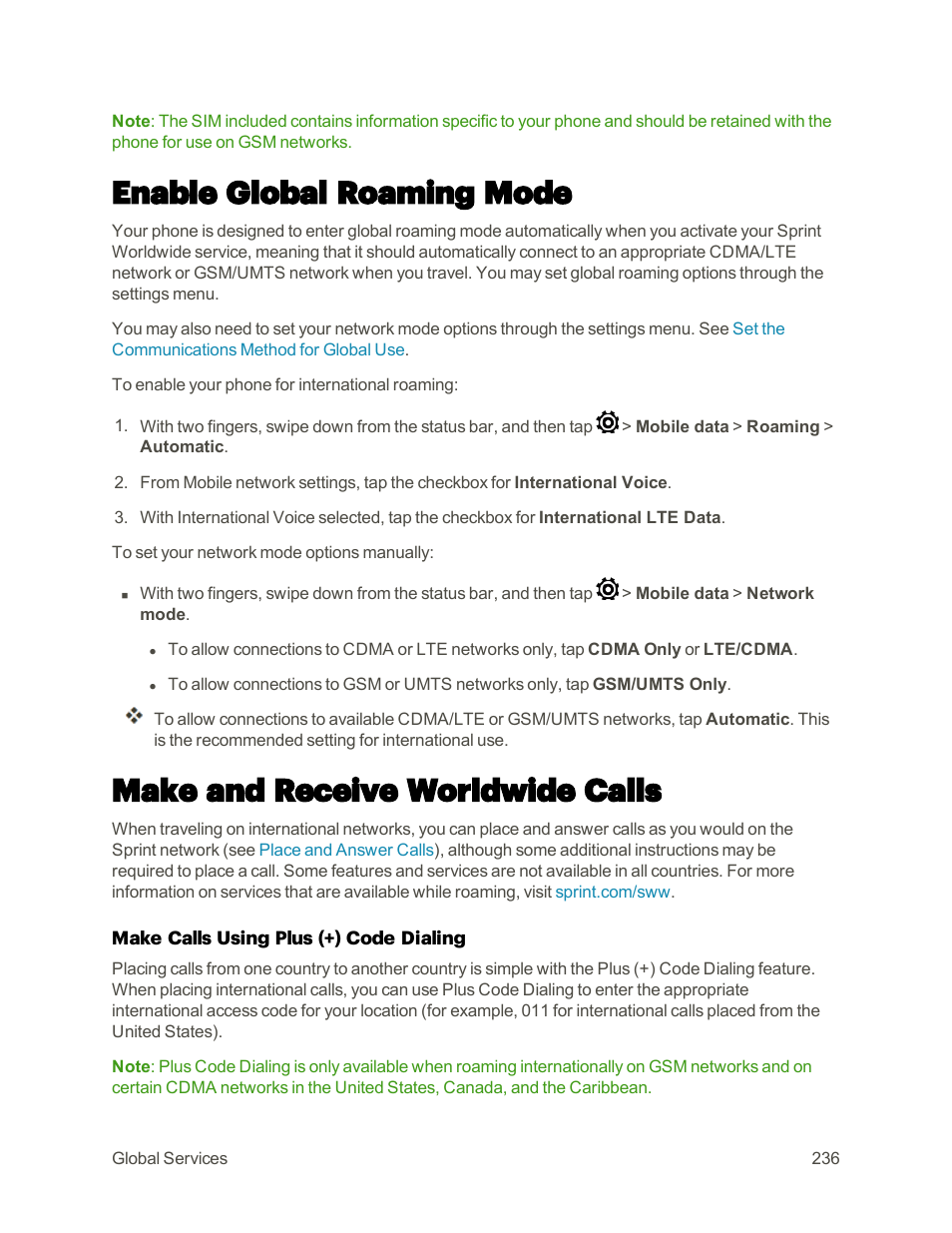 Enable global roaming mode, Make and receive worldwide calls | HTC One M9 User Manual | Page 249 / 304