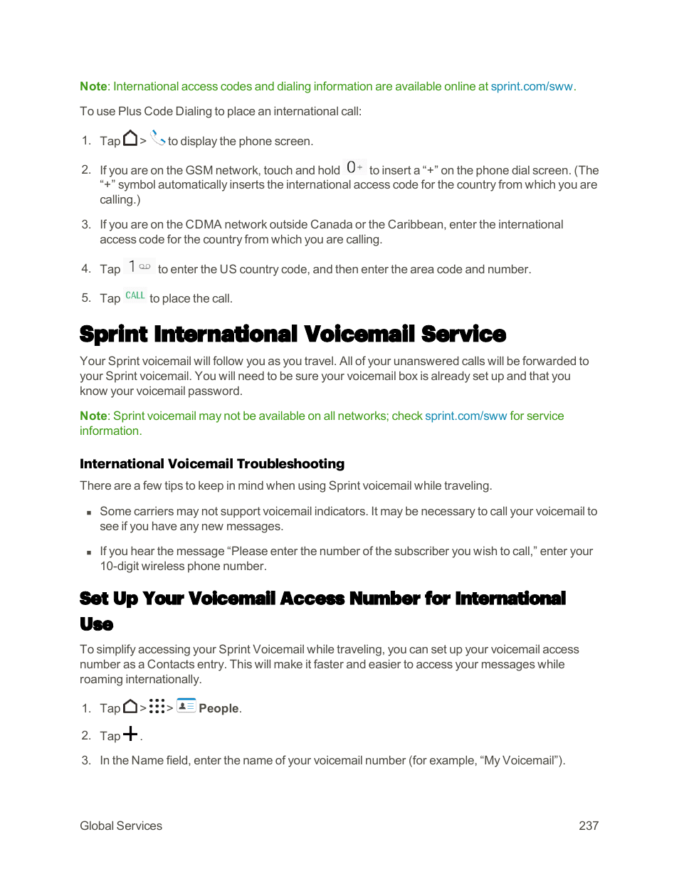 Sprint international voicemail service | HTC One M9 User Manual | Page 250 / 304