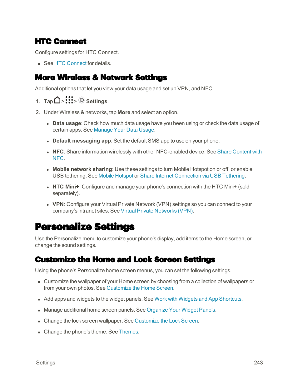 Htc connect, More wireless & network settings, Personalize settings | Customize the home and lock screen settings | HTC One M9 User Manual | Page 256 / 304