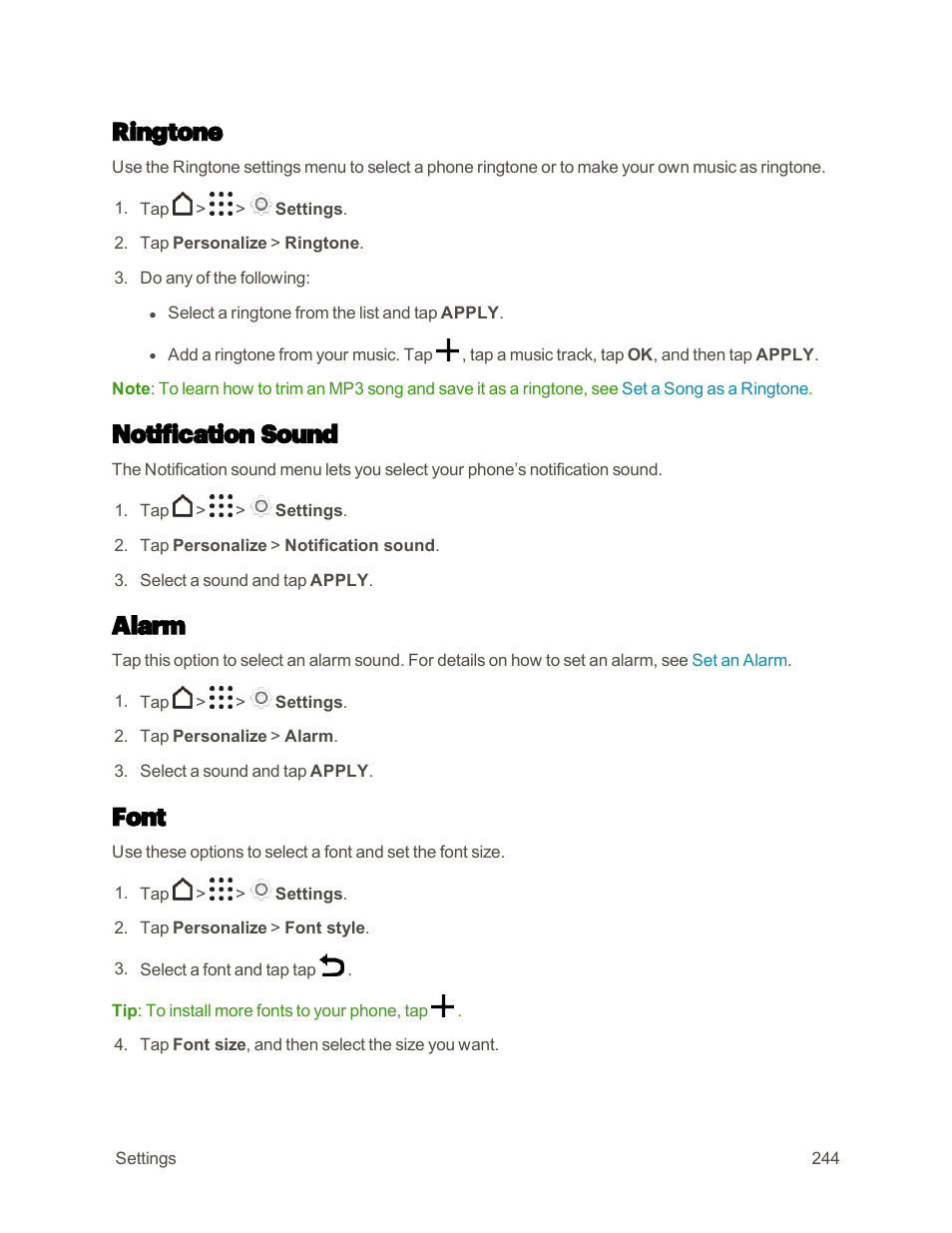 Ringtone, Notification sound, Alarm | Font | HTC One M9 User Manual | Page 257 / 304