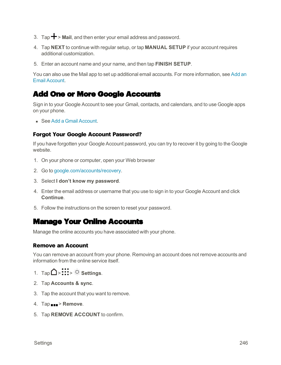 Add one or more google accounts, Manage your online accounts | HTC One M9 User Manual | Page 259 / 304