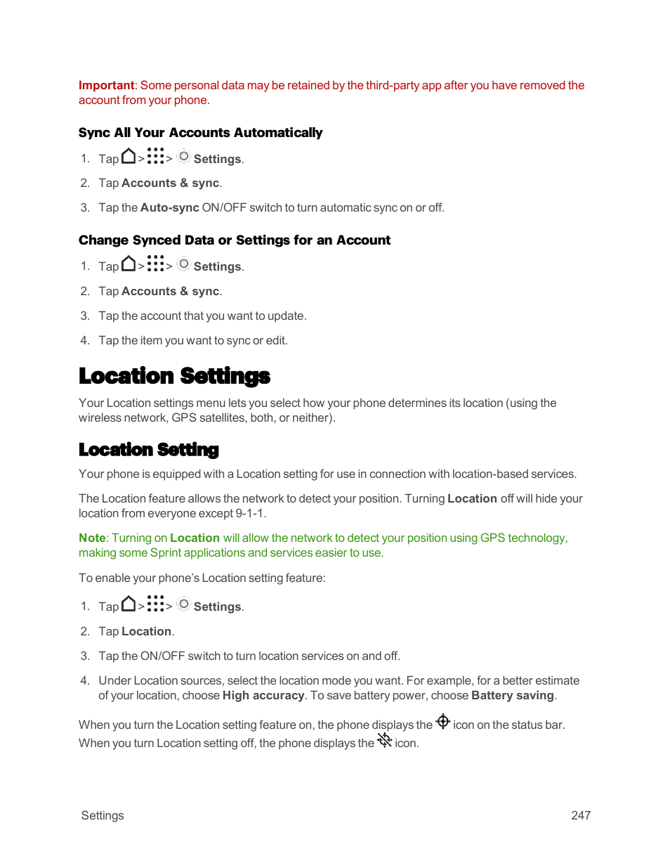 Location settings, Location setting, Location | Setting | HTC One M9 User Manual | Page 260 / 304