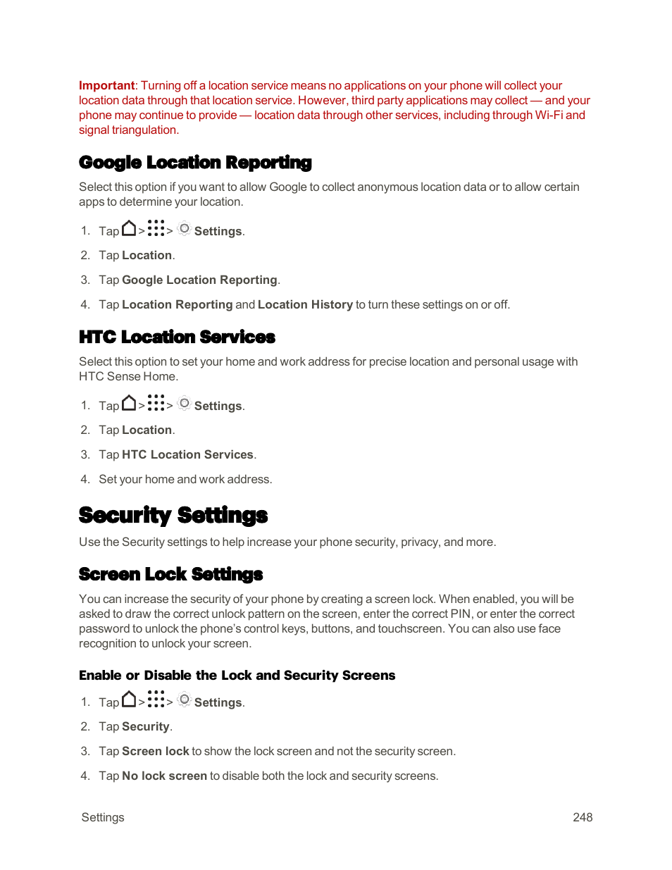 Google location reporting, Htc location services, Security settings | Screen lock settings | HTC One M9 User Manual | Page 261 / 304