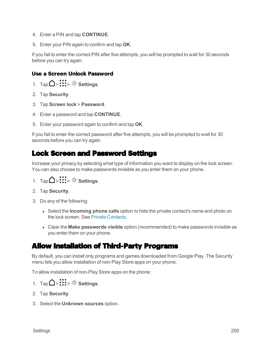 Lock screen and password settings, Allow installation of third-party programs | HTC One M9 User Manual | Page 263 / 304