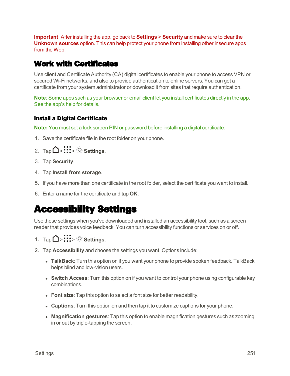 Work with certificates, Accessibility settings | HTC One M9 User Manual | Page 264 / 304